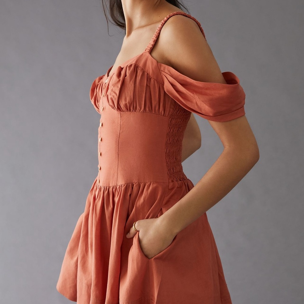 *By Anthropologie Off The Shoulder Linen Mini Dress - Picture 4 of 5